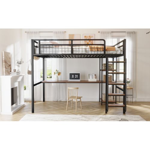 Lit Mezzanine Métal 140x200 Cm Avec Sécurité, Bureau, Étagères Et Escalier, Noir