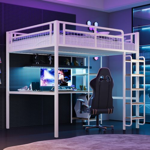 Lit Mezzanine Métal 140x200 Cm Avec Sécurité, Bureau, Étagères Et Escalier, Blanc