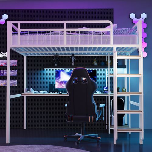 Lit Mezzanine Métal 140x200 Cm Avec Sécurité, Bureau, Étagères Et Escalier, Blanc