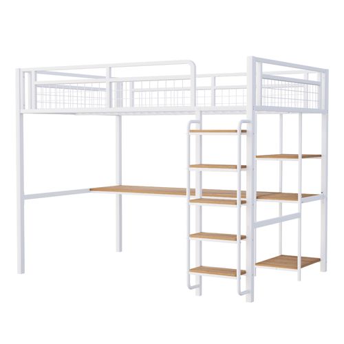 Lit Mezzanine Métal 140x200 Cm Avec Sécurité, Bureau, Étagères Et Escalier, Blanc