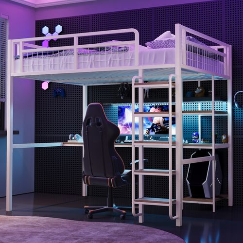 Lit Mezzanine Métal 140x200 Cm Avec Sécurité, Bureau, Étagères Et Escalier, Blanc