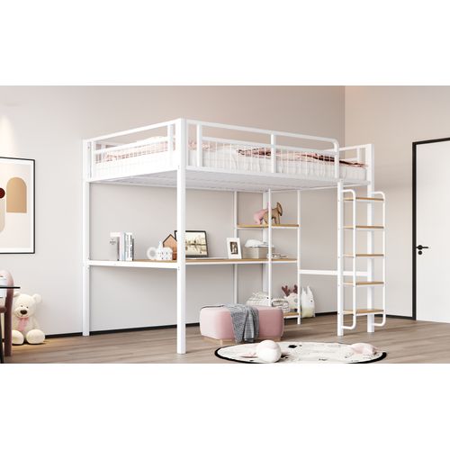 Lit Mezzanine Métal 140x200 Cm Avec Sécurité, Bureau, Étagères Et Escalier, Blanc