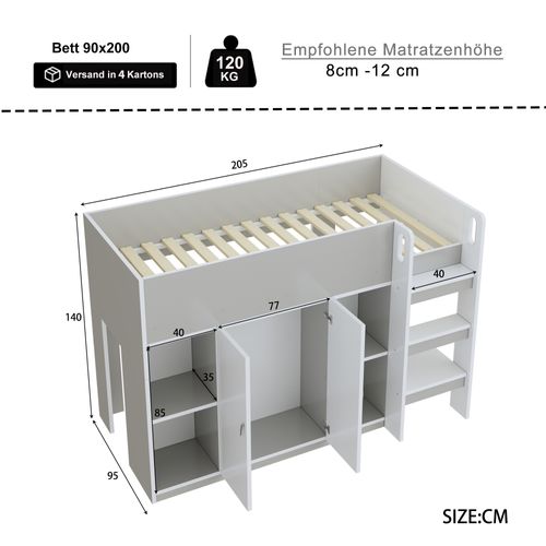 Lit combiné 90x200 Cm Avec Rangements, Armoire Et Étagères, En Bois Massif, Gris