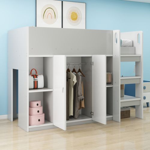 Lit combiné 90x200 Cm Avec Rangements, Armoire Et Étagères, En Bois Massif, Gris