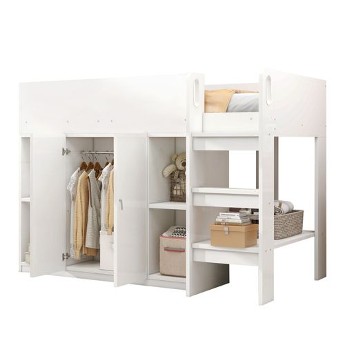 Lit mi-haut 90x200 Cm Avec Rangements, Armoire Et Étagères, En Bois Massif, Blanc