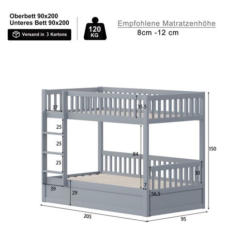 Lit Superposé 90x200 Cm En Bois Massif Avec Rangement Hydraulique Intégré – Gris