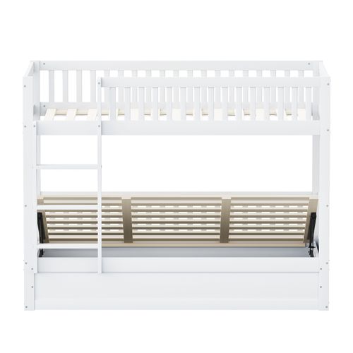 Lit Superposé 90x200 Cm En Bois Massif Avec Rangement Hydraulique Intégré – Blanc