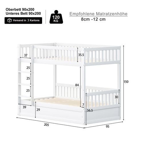 Lit Superposé 90x200 Cm En Bois Massif Avec Rangement Hydraulique Intégré – Blanc