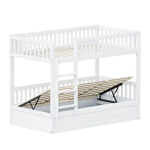 Lit Superposé 90x200 Cm En Bois Massif Avec Rangement Hydraulique Intégré – Blanc