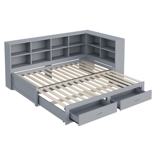 Lit Gigogne 90/180x190 Cm En Bois Massif Avec Lit Gigogne, Tiroirs Et Prise – Gris