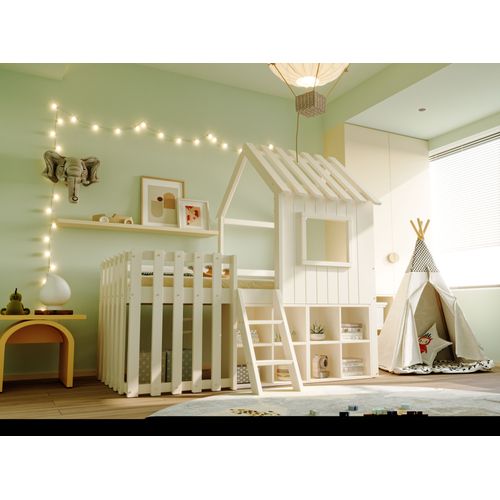 Lit Cabane Enfant 90x200 Cm Avec Toit, Fenêtres, Rangements Ouverts Et Échelle, Blanc
