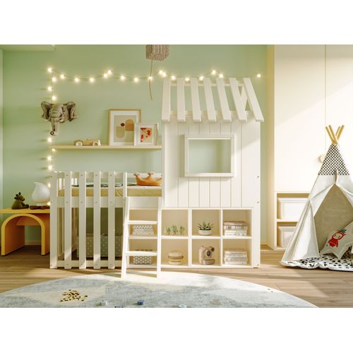 Lit Cabane Enfant 90x200 Cm Avec Toit, Fenêtres, Rangements Ouverts Et Échelle, Blanc