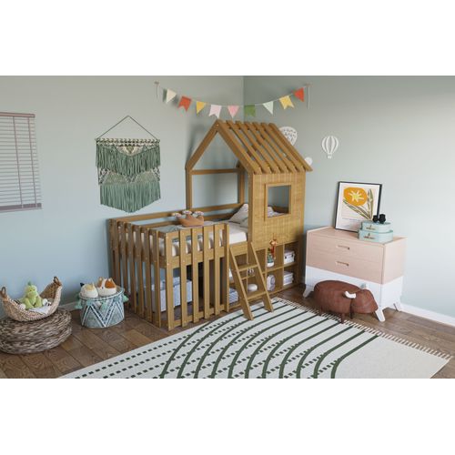 Lit Cabane Enfant 90x200 Cm Avec Toit, Fenêtres, Rangements Ouverts Et Échelle, Bois