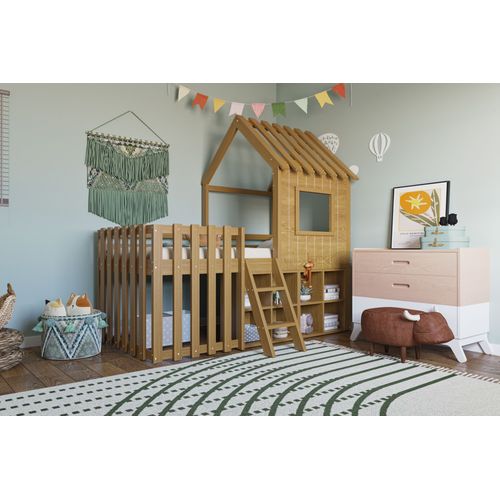 Lit Cabane Enfant 90x200 Cm Avec Toit, Fenêtres, Rangements Ouverts Et Échelle, Bois