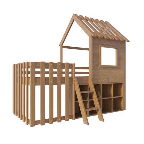 Lit Cabane Enfant 90x200 Cm Avec Toit, Fenêtres, Rangements Ouverts Et Échelle, Bois