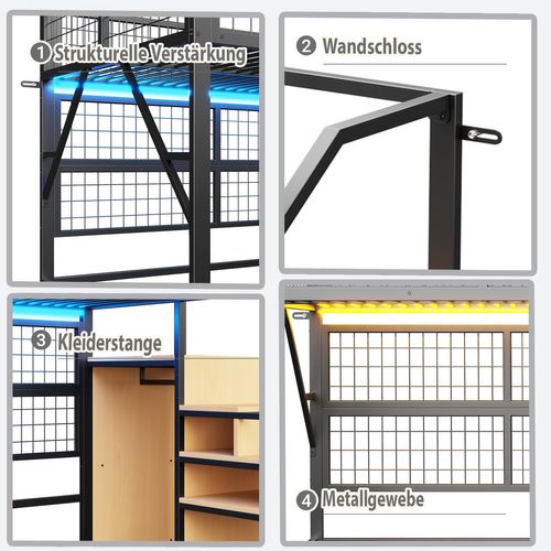 Lit Mezzanine En Métal 140x200 Cm Avec LED, Escalier De Rangement Et Armoire – Noir