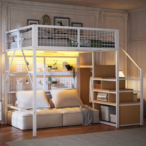 Lit Mezzanine En Métal 140x200 Cm Avec LED, Escalier De Rangement Et Armoire – Blanc