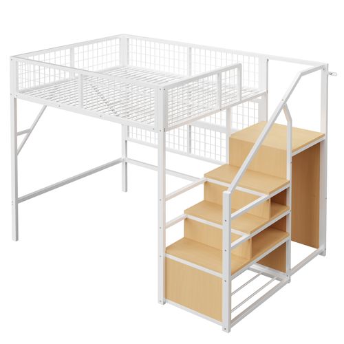 Lit Mezzanine En Métal 140x200 Cm Avec LED, Escalier De Rangement Et Armoire – Blanc