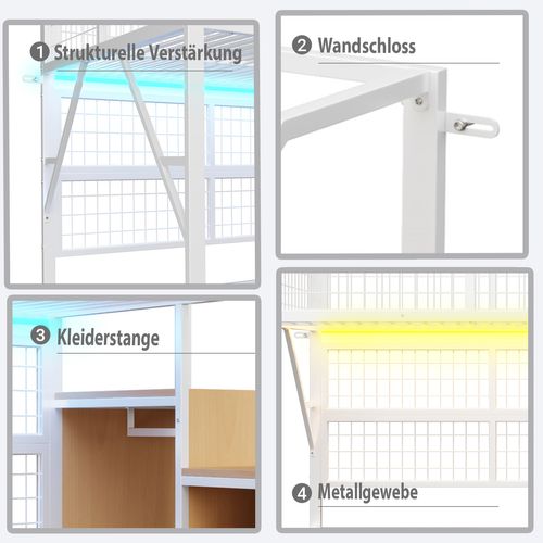 Lit Mezzanine En Métal 140x200 Cm Avec LED, Escalier De Rangement Et Armoire – Blanc