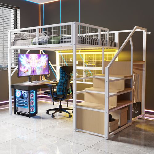 Lit Mezzanine En Métal 140x200 Cm Avec LED, Escalier De Rangement Et Armoire – Blanc