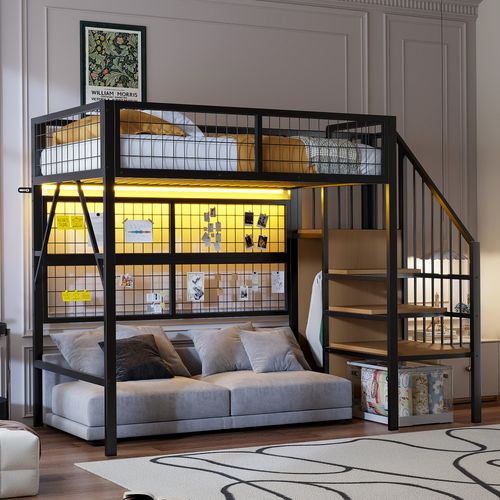Lit Mezzanine En Métal 90x200 Cm Avec LED, Escalier De Rangement Et Armoire – Noir
