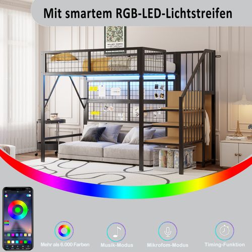 Lit Mezzanine En Métal 90x200 Cm Avec LED, Escalier De Rangement Et Armoire – Noir