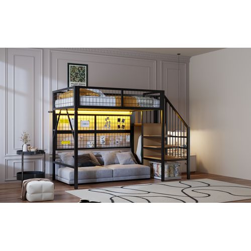 Lit Mezzanine En Métal 90x200 Cm Avec LED, Escalier De Rangement Et Armoire – Noir