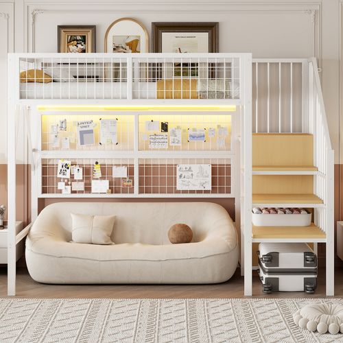 Lit Mezzanine En Métal 90x200 Cm Avec LED, Escalier De Rangement Et Armoire – Blanc