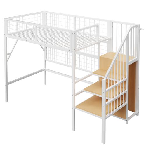 Lit Mezzanine En Métal 90x200 Cm Avec LED, Escalier De Rangement Et Armoire – Blanc