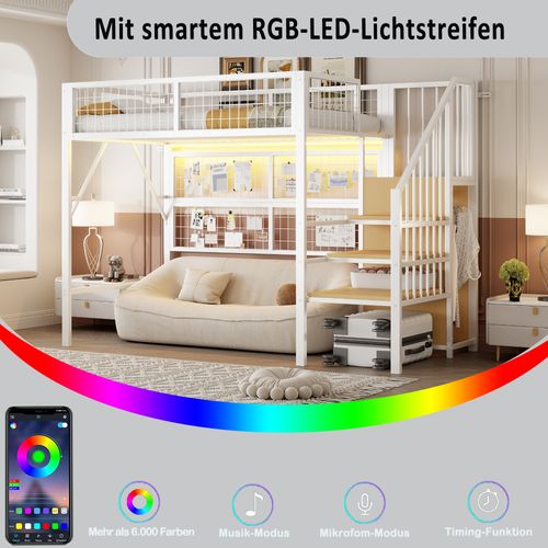 Lit Mezzanine En Métal 90x200 Cm Avec LED, Escalier De Rangement Et Armoire – Blanc