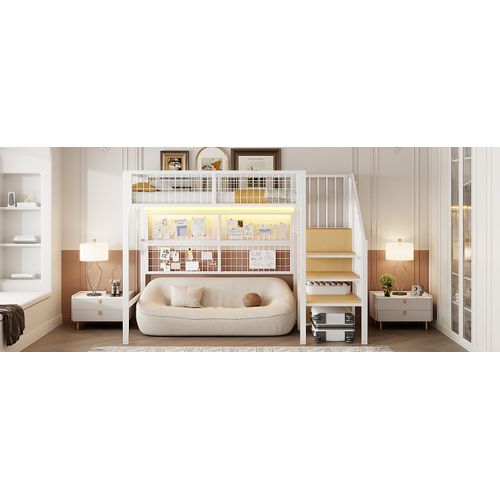 Lit Mezzanine En Métal 90x200 Cm Avec LED, Escalier De Rangement Et Armoire – Blanc
