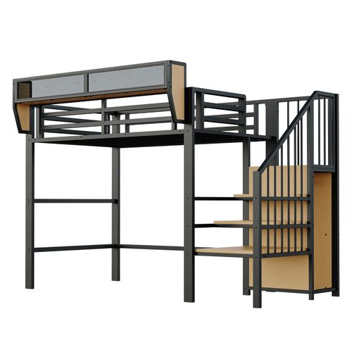 Lit Mezzanine 90x200 Cm En Métal Noir Avec Échelle Et Rangement Modulable