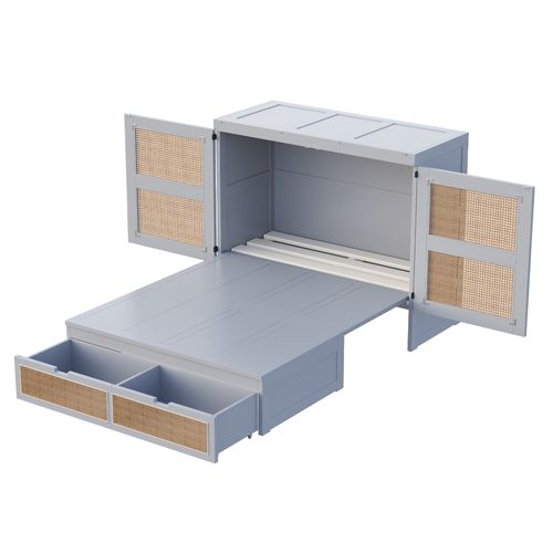 Lit Escamotable 140x200 Cm Avec Tiroirs Et Façade Rotin, Gris