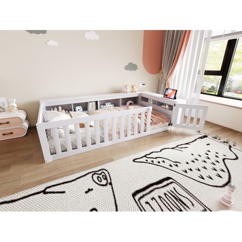 Lit Enfant Multifonction 90x200 Cm Avec Rangements Et Barrières De Sécurité, Blanc