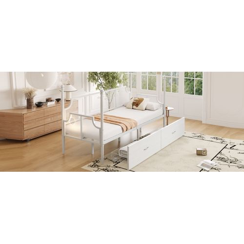 Canapé-lit En Métal 90x200 Cm Avec Dossier Grillagé Et Tiroirs, Style Vintage, Blanc