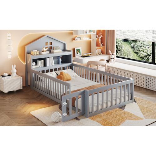 Lit Cabane 90x200 Cm Avec Rangements, Barrière Et Toit, Bois Massif, Gris