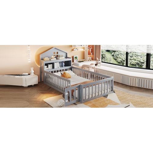 Lit Cabane 90x200 Cm Avec Rangements, Barrière Et Toit, Bois Massif, Gris