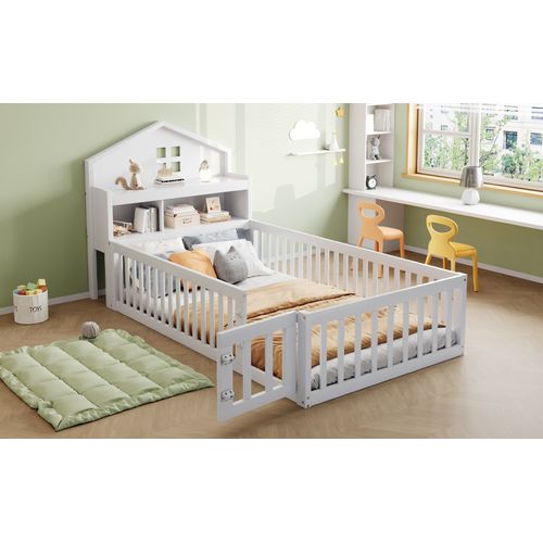 Lit Cabane 90x200 Cm Avec Rangements, Barrière Et Toit, Bois Massif, Blanc