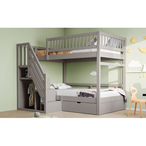 Lit Superposé 90x200 Cm En Bois Massif Avec Tiroirs Et Échelle à Rangement – Gris