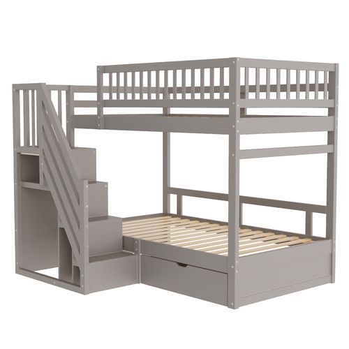 Lit Superposé 90x200 Cm En Bois Massif Avec Tiroirs Et Échelle à Rangement – Gris