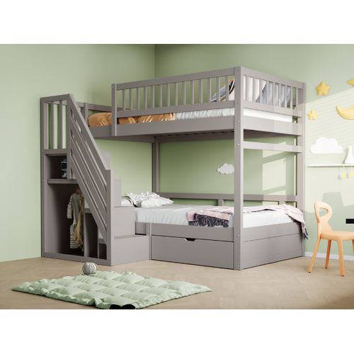 Lit Superposé 90x200 Cm En Bois Massif Avec Tiroirs Et Échelle à Rangement – Gris