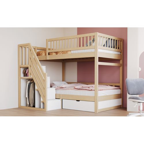 Lit Superposé 90x200 Cm En Bois Massif Avec Tiroirs Et Échelle à Rangement – Bois