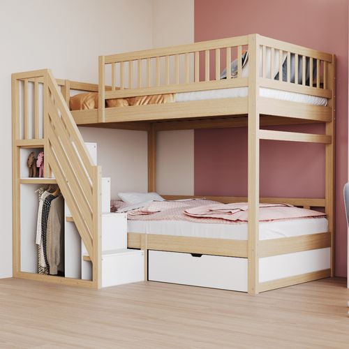 Lit Superposé 90x200 Cm En Bois Massif Avec Tiroirs Et Échelle à Rangement – Bois