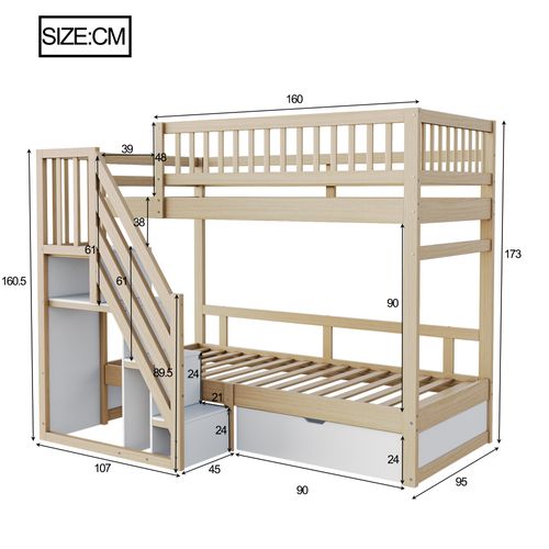 Lit Superposé 90x200 Cm En Bois Massif Avec Tiroirs Et Échelle à Rangement – Bois