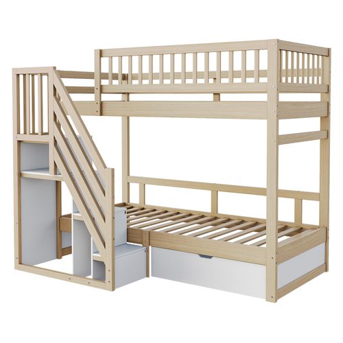 Lit Superposé 90x200 Cm En Bois Massif Avec Tiroirs Et Échelle à Rangement – Bois