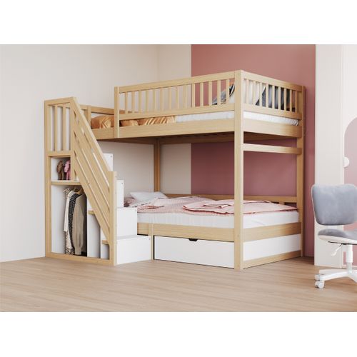Lit Superposé 90x200 Cm En Bois Massif Avec Tiroirs Et Échelle à Rangement – Bois