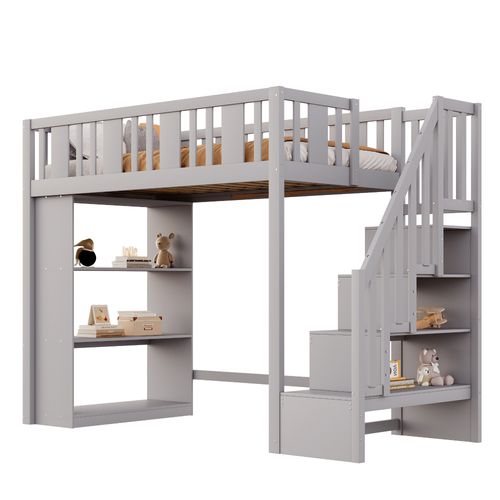 Lit Mezzanine 90x200 Cm En Bois Avec Escalier à Rangement – Gris