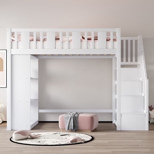 Lit Mezzanine 90x200 Cm En Bois Avec Escalier à Rangement – Blanc