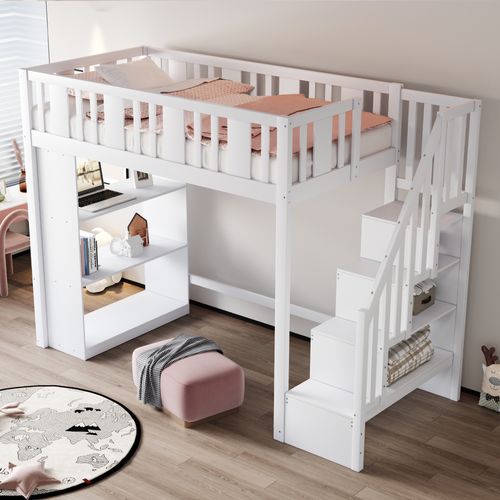 Lit Mezzanine 90x200 Cm En Bois Avec Escalier à Rangement – Blanc