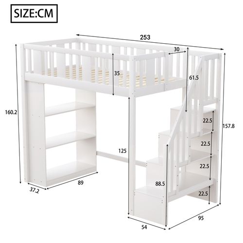 Lit Mezzanine 90x200 Cm En Bois Avec Escalier à Rangement – Blanc